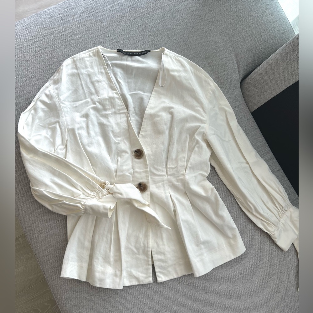 Zara Elegant French-Style Cream Button-Up Blouse